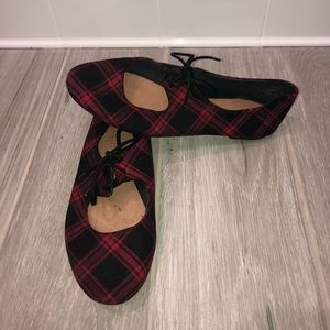 Red and Black Plaid Flat Lace Shoes